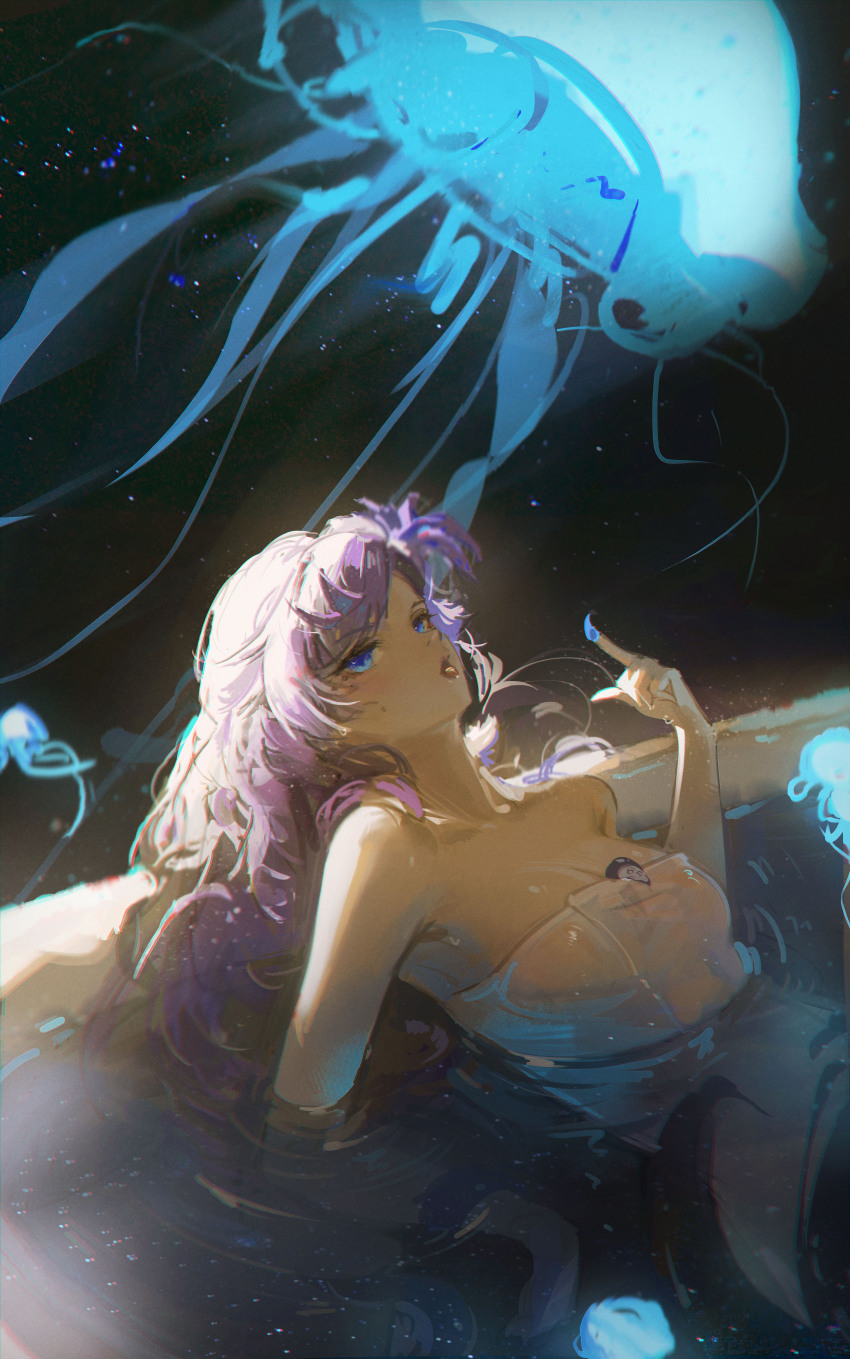 1girl absurdres bathing blue_eyes breasts cantarella_(wuthering_waves) chromatic_aberration collarbone commentary dudrinm hand_up highres jellyfish large_breasts long_hair naked_towel open_mouth partially_submerged purple_hair ripples sitting solo tongue tongue_out towel wuthering_waves