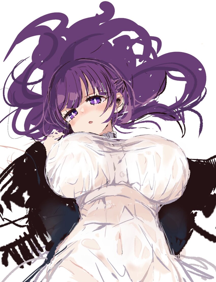 1girl :o blush breasts fern_(sousou_no_frieren) highres large_breasts long_hair looking_at_viewer simple_background solo sousou_no_frieren sukima_(crie) white_background