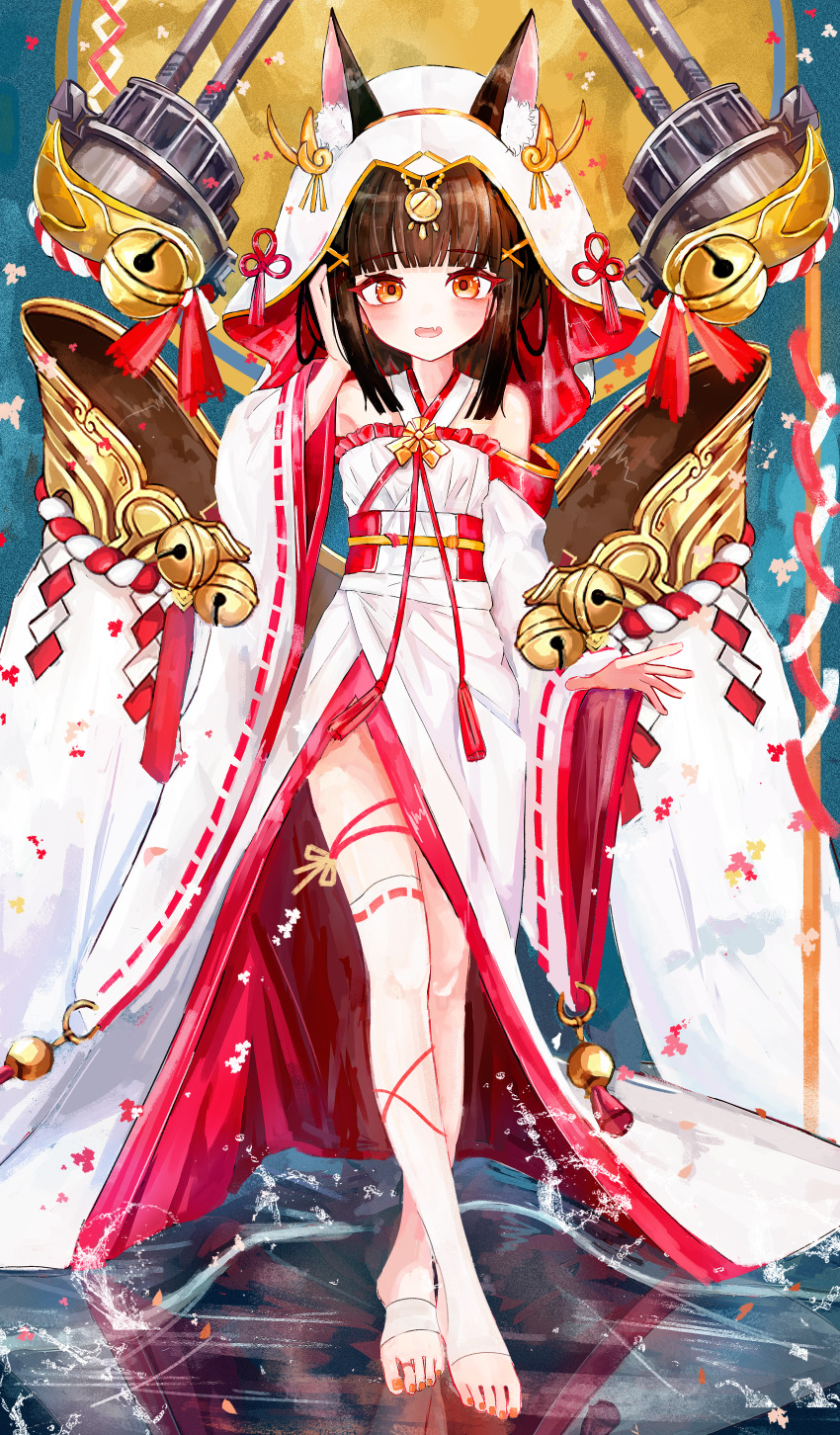1girl absurdres aiu_. animal_ears azur_lane bell black_hair brown_hair crossed_ankles detached_sleeves fang fox_ears fox_girl full_body highres huge_filesize japanese_clothes kimono loli long_sleeves looking_at_viewer nagato_(azur_lane) nagato_(great_fox&#039;s_white_gown)_(azur_lane) official_alternate_costume open_mouth red_eyes short_hair skin_fang solo thighhighs toes uchikake wataboushi white_thighhighs wide_sleeves