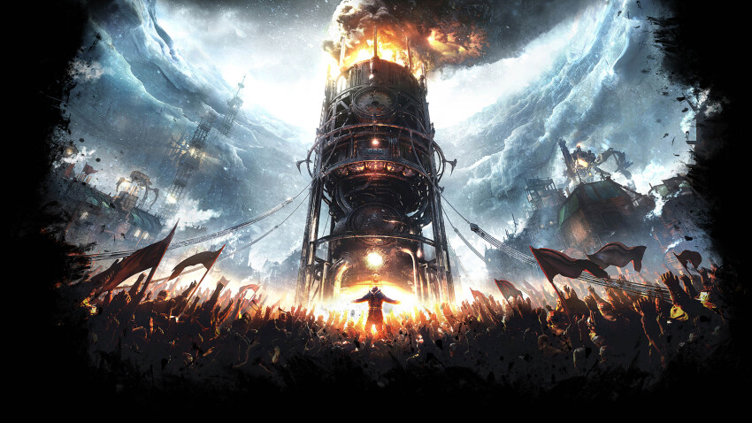 absurdres arm_up artist_request audience building coat crowd day facing_another frostpunk furnace gauge gloves hard_hat helmet highres industrial_pipe mecha official_art outdoors outstretched_arms pulley red_flag robot smoke smoke_trail smudge spread_arms walker_(robot) window