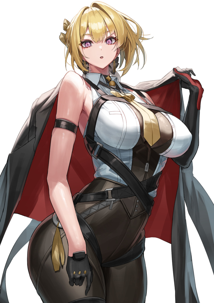 1girl arm_strap black_choker black_gloves black_jacket black_pants blonde_hair breasts choker collared_shirt commentary cowboy_shot elbow_gloves evelyn_chevalier gloves high-waist_pants highres jacket large_breasts looking_at_viewer necktie pants parted_lips purple_eyes shirt short_hair simple_background single_elbow_glove solo tight_clothes tight_pants white_background white_shirt wing_collar yamanokami_eaka yellow_necktie zenless_zone_zero