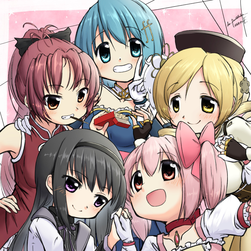 5girls absurdres akemi_homura akemi_homura_(magical_girl) black_hair black_ribbon blonde_hair blue_eyes blue_hair durchfallkaffee_levante food hair_ribbon highres holding holding_food holding_pocky kaname_madoka kaname_madoka_(magical_girl) mahou_shoujo_madoka_magica medium_hair miki_sayaka miki_sayaka_(magical_girl) multiple_girls orange_hair pink_eyes pink_hair pocky purple_eyes red_eyes red_hair ribbon sakura_kyoko sakura_kyoko_(magical_girl) salute short_twintails tomoe_mami tomoe_mami_(magical_girl) twintails two-finger_salute yellow_eyes