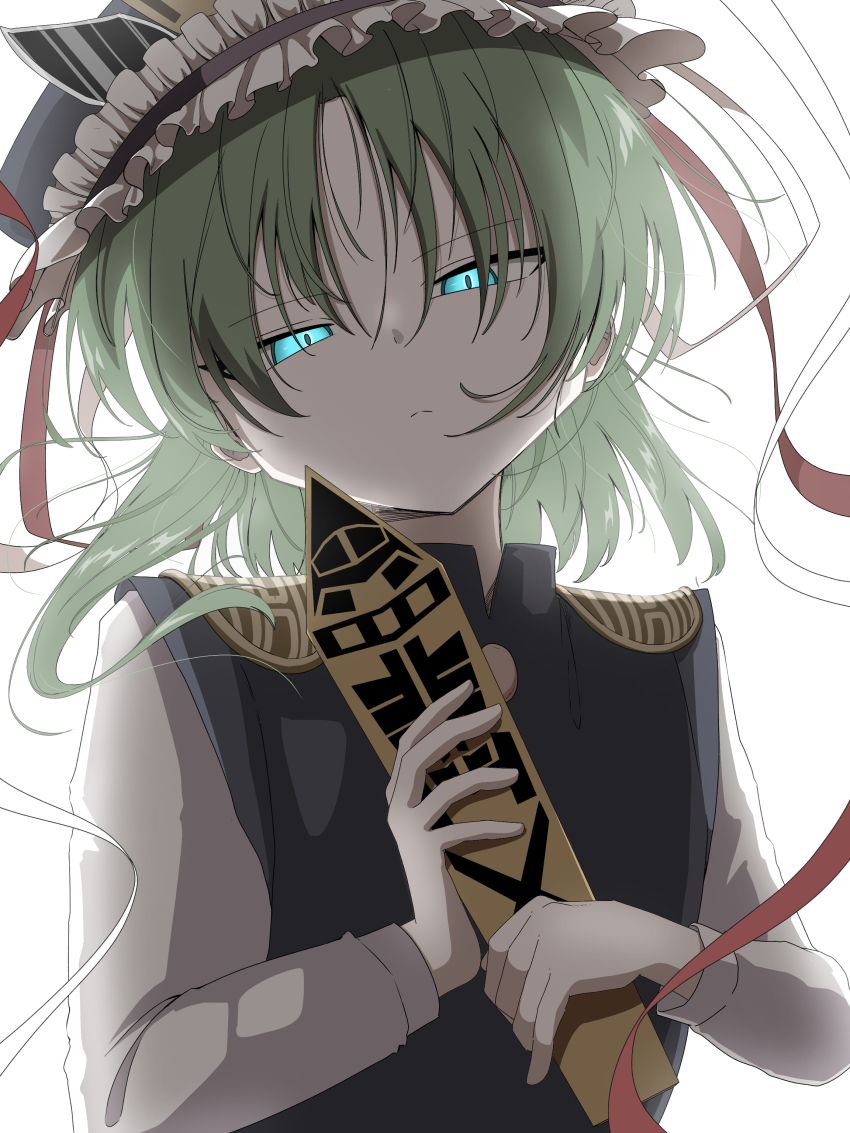 1girl absurdres backlighting black_hat blue_eyes buttons closed_mouth commentary_request epaulettes frilled_hat frills frown green_hair grey_vest hat highres holding long_sleeves looking_at_viewer medium_hair rod_of_remorse shiki_eiki shinshin-bashi_ishin shirt simple_background solo touhou upper_body vest white_background white_shirt