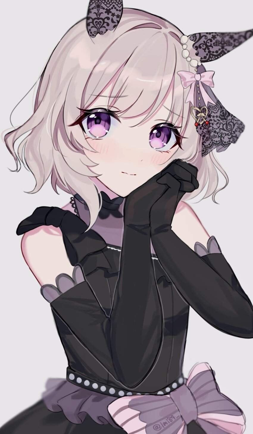 1girl animal_ears black_dress black_gloves breasts closed_mouth curren_chan_(sakutsuki_ma_cherie)_(umamusume) curren_chan_(umamusume) dress ear_covers elbow_gloves gloves grey_background grey_hair hands_clasped_in_delight hands_up highres horse_ears interlocked_fingers looking_at_viewer moe_(lmi84) own_hands_together purple_eyes short_hair simple_background sleeveless sleeveless_dress small_breasts solo twitter_username umamusume upper_body watermark