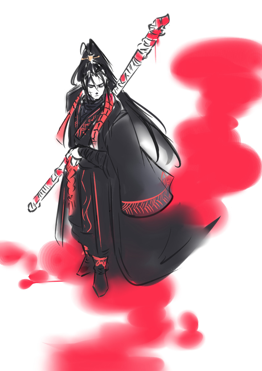 1boy absurdres black_hair black_hanfu black_shoes chinese_clothes curtained_hair hanfu high_ponytail highres holding holding_staff jacket jacket_on_shoulders jia_qiu_(project_moon) limbus_company long_hair male_focus noelclover petals ponytail project_moon red_scarf rope_belt scar scar_on_face scarf shoes sketch solo staff watercolor_effect white_background