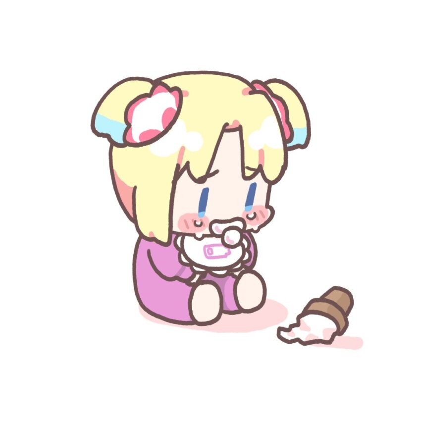 1girl aged_down baby barefoot bib blonde_hair blue_eyes blue_hair blush blush_stickers chibi chibi_only colored_tips commentary crying crying_with_eyes_open flower food hair_flower hair_ornament ice_cream ice_cream_cone light_blue_hair link!_like!_love_live! long_sleeves looking_at_food love_live! multicolored_hair onesie osawa_rurino pacifier parted_bangs pink_flower sad short_hair sitting soft_serve solo sunkeun tears twintails virtual_youtuber white_flower |_|