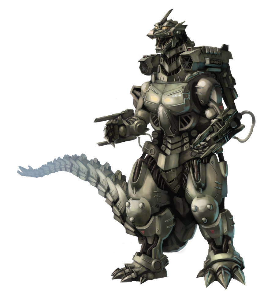 absurdres ammunition_backpack back_unit cyborg godzilla:_tokyo_s.o.s. godzilla_(series) highres jetpack kaiju kiryu_(godzilla) magnetic_weapon mecha mechagodzilla missile_launcher missile_pod no_humans open_mouth polearm railgun robot rocket_launcher rocket_pod sharp_teeth shoulder_cannon simple_background spiral_claw tail teeth toho trident trident_tail type-4_anti-beast_drilling_device type-4_railgun ultra-taf weapon white_background wrist_cannon wrist_gun yellow_eyes