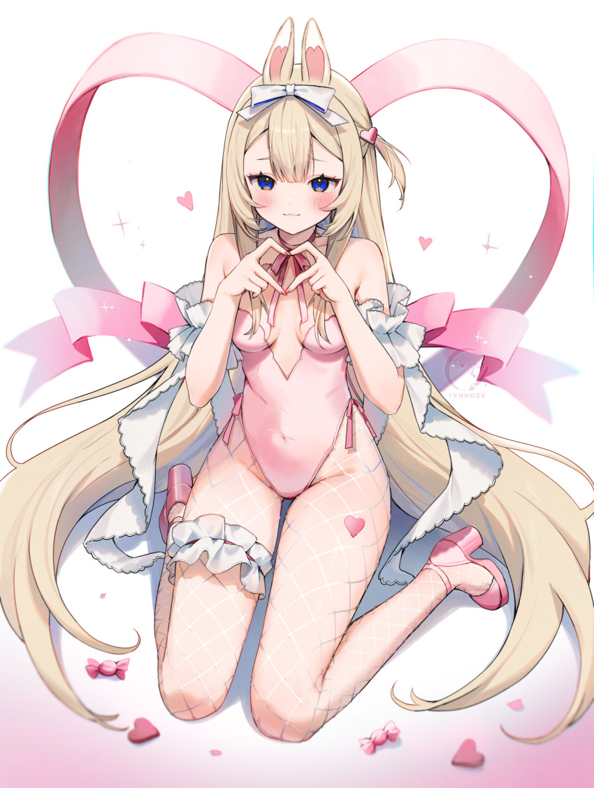 1girl animal_ears bare_shoulders blonde_hair blue_eyes blush bow breasts closed_mouth fishnet_pantyhose fishnets frilled_thigh_strap full_body hair_bow hair_ornament heart heart_hair_ornament heart_hands high_heels highres legs leotard long_hair one_side_up pantyhose pink_leotard pink_shoes rabbit_ears shoes simple_background small_breasts solo thigh_strap toe_cleavage very_long_hair virtual_youtuber vyugen white_background yenko_(vtuber) yenkoes