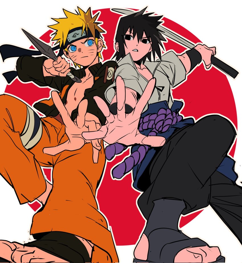 2boys black_eyes black_hair black_pants black_sleeves blonde_hair blue_eyes border facial_mark fighting_stance furrowed_brow hair_between_eyes highres holding holding_knife holding_sword holding_weapon jacket knife kunai long_sleeves male_focus multiple_boys naruto_(series) naruto_shippuuden open_clothes open_jacket orange_pants outstretched_arms pants parted_lips red_background rope shirt short_sleeves spiked_hair sword thigh_strap toeless_footwear uchiha_sasuke uzumaki_naruto weapon whisker_markings white_border white_shirt xi_luo_an_ya