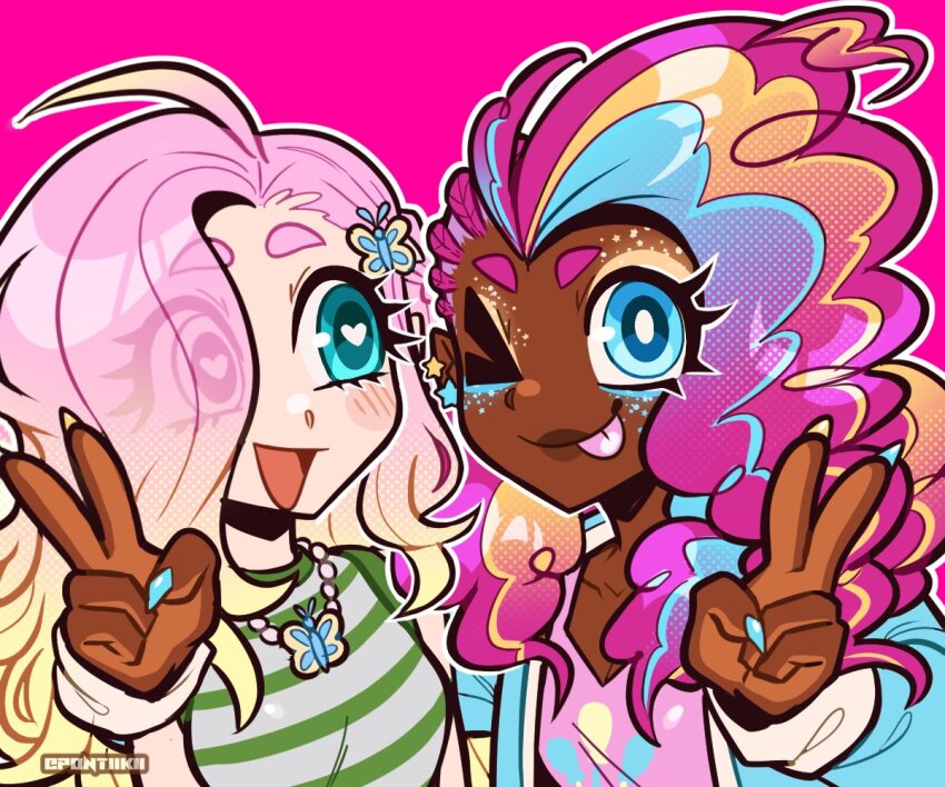 2girls ahoge aqua_eyes balloon_print blonde_hair blue_eyeshadow blue_jacket blush breasts butterfly_hair_ornament butterfly_necklace cleavage commentary cornrows cowlick curly_hair cutie_mark dark-skinned_female dark_skin english_commentary eyelashes eyeshadow eyeshadow_under_eye fingernails fluttershy gradient_hair hair_ornament heart heart-shaped_pupils jacket jewelry long_fingernails long_hair makeup multicolored_hair multiple_girls my_little_pony my_little_pony:_friendship_is_magic necklace one_eye_closed open_clothes open_jacket open_mouth outline pendant personification pink_background pink_eyeshadow pink_hair pinkie_pie pontiikii shirt simple_background small_breasts smile streaked_hair striped_clothes striped_shirt symbol-shaped_pupils thick_eyebrows translucent_hair v very_dark_skin white_outline