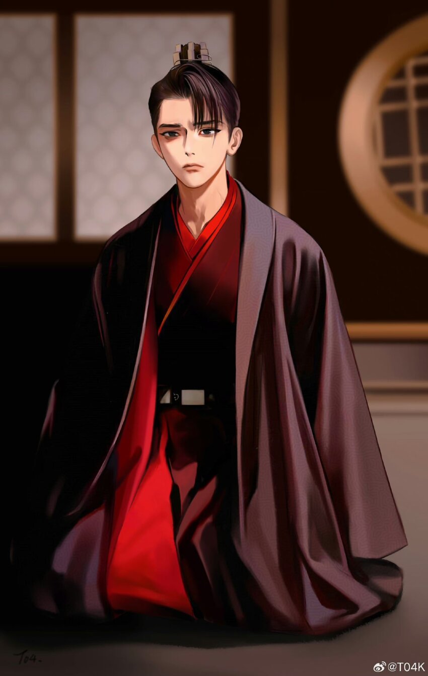 architecture black_eyes black_hair black_robe blurry blurry_background character_request closed_mouth copyright_request east_asian_architecture full_body hair_ornament highres kneeling looking_to_the_side male_focus red_robe robe short_hair signature toscana20460423 watermark weibo_watermark