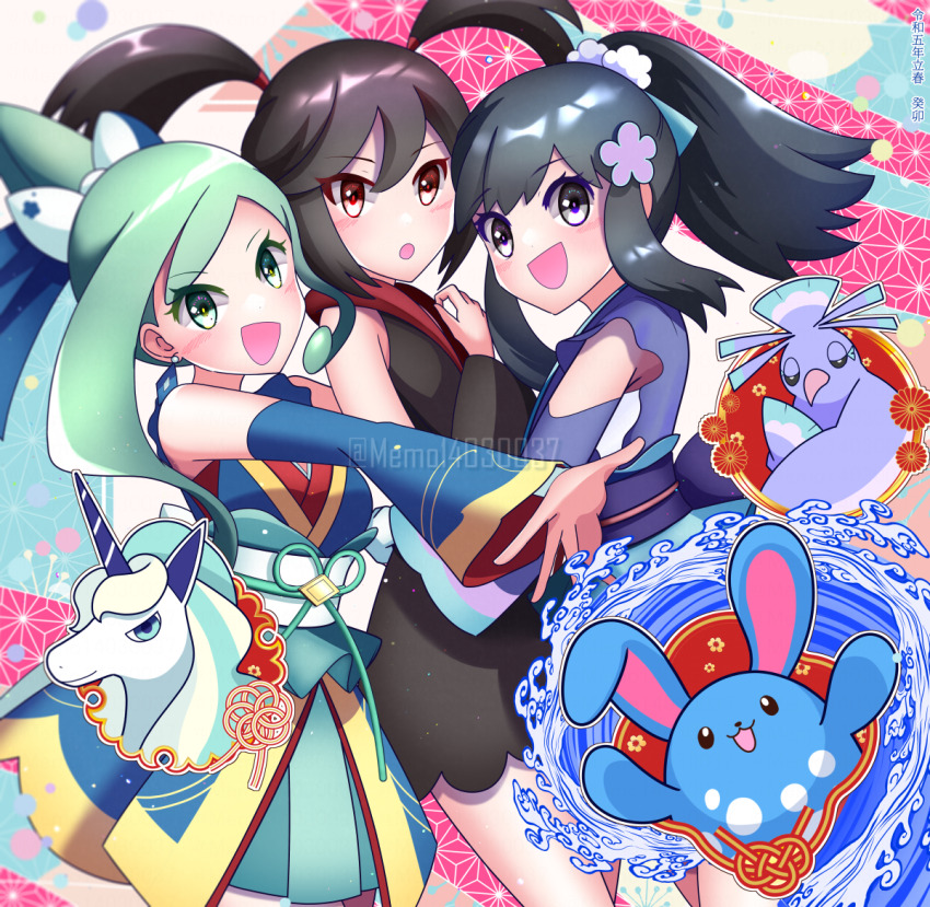 3girls :d :o alternate_color azumarill bare_shoulders black_hair blush dawn_(new_year&#039;s_2023)_(pokemon) dawn_(pokemon) detached_sleeves earrings from_side furisode_girl_(pokemon) furisode_girl_kali galarian_form galarian_rapidash gen_2_pokemon gen_7_pokemon gen_8_pokemon green_eyes green_hair grey_eyes hug japanese_clothes jewelry kimono lisia_(new_year&#039;s_2023)_(pokemon) lisia_(pokemon) looking_at_viewer memo14030037 multiple_girls nintendo official_alternate_costume official_alternate_hairstyle open_mouth oricorio oricorio_(sensu) pokemon pokemon_(creature) pokemon_masters_ex pokemon_xy ponytail red_eyes shiny_pokemon smile twitter_username