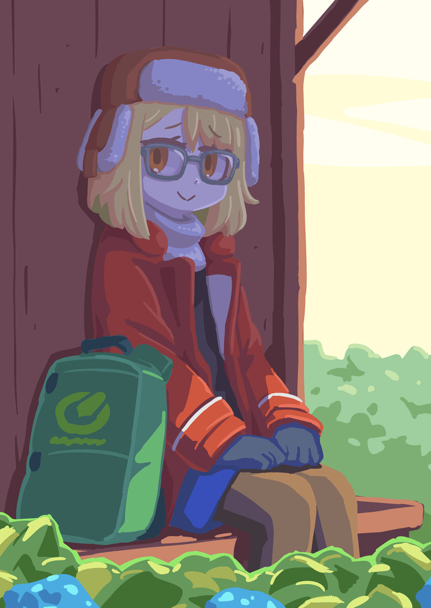 1girl bag blonde_hair blush fate/grand_order fate_(series) fur_hat glasses hat highres learning_with_manga!_fgo looking_at_viewer official_art paul_bunyan_(fate) riyo_(lyomsnpmp) school_bag short_hair smile super_bunyan_(fate) tree