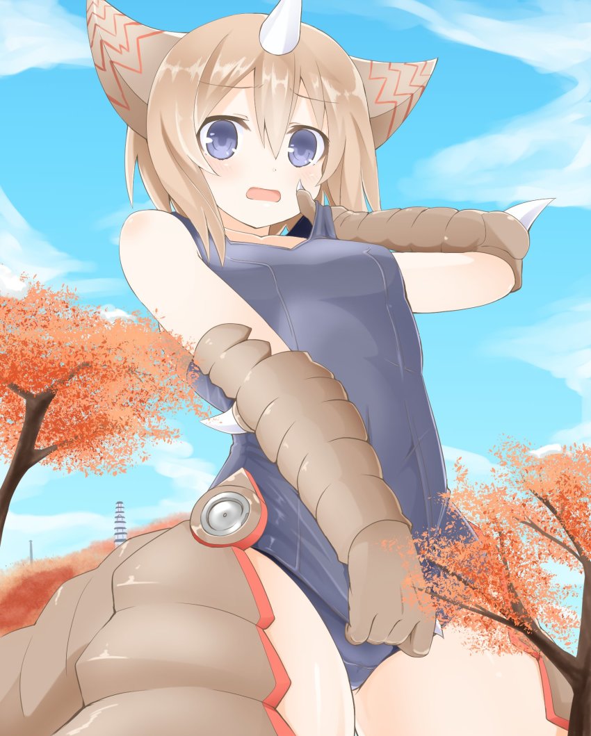 1girl animal_ears bad_id bad_twitter_id bare_shoulders blanc_(neptunia) blue_eyes blush brown_hair claws cosplay female_focus gomora highres horns looking_at_viewer neptune_(series) niwaka_potato niwaka_potato_sub one-piece_swimsuit open_mouth personification scales short_hair single_horn solo swimsuit ultra_series ultraman_(1st_series) wings
