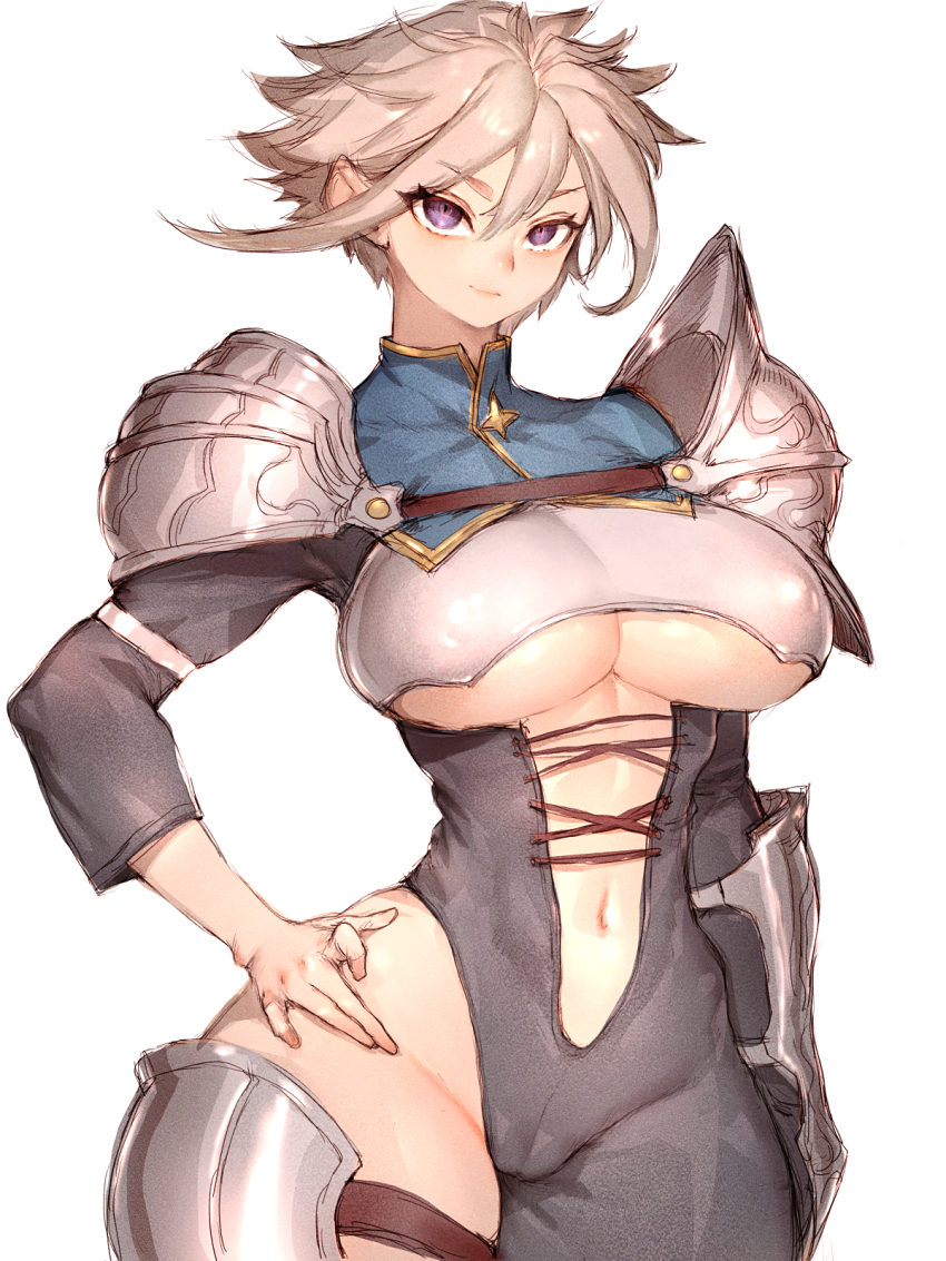 1girl armor black_bodysuit blonde_hair bodysuit breasts center_opening character_request cleavage closed_mouth clothing_cutout copyright_request covered_erect_nipples fumio_(rsqkr) gauntlets groin hand_on_own_hip highres jewelry navel purple_eyes revealing_clothes shoulder_armor single_gauntlet smile solo standing thigh_armor underboob