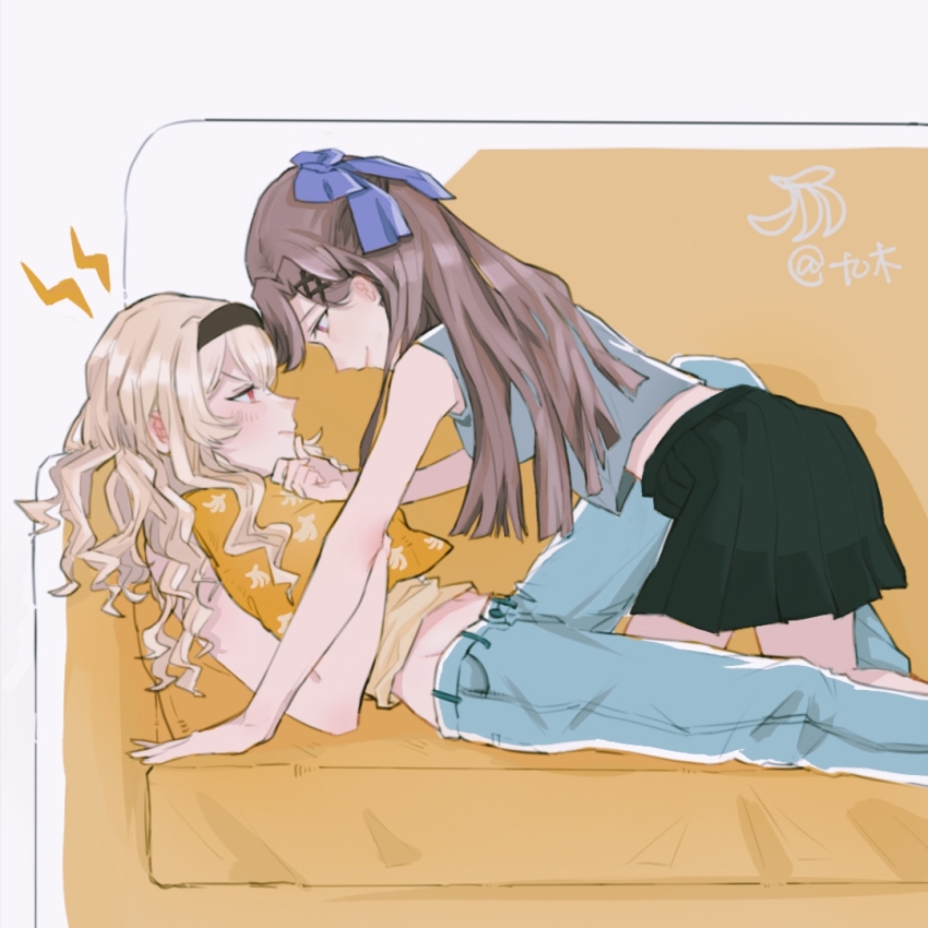 2girls affectionate angry between_legs blonde_hair bow brown_hair grabbing_another&#039;s_chin hair_ornament hairclip hand_on_another&#039;s_chin headband leg_between_thighs looking_at_another midriff_peek multiple_girls ninewood0628 pants pleated_skirt pout purple_bow red_eyes saijou_claudine shoujo_kageki_revue_starlight shoujo_kageki_revue_starlight_-re_live- skirt tendou_maya yuri