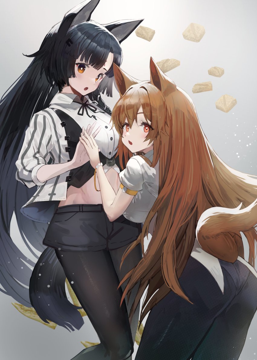 2girls :o absurdres alternate_costume animal_ear_fluff animal_ears arknights ass baklava bannouyakunta black_hair black_legwear black_ribbon black_shorts blush breasts brown_eyes brown_hair ceobe_(arknights) clothing_cutout collared_shirt dog_ears dog_girl dog_tail facial_mark feet_out_of_frame forehead_mark gradient_background grey_background hair_ornament hairclip highres holding_hands jacket large_breasts long_hair long_sleeves looking_at_viewer looking_back midriff multiple_girls neck_ribbon open_clothes open_jacket open_mouth orange_eyes panties panties_under_pantyhose pantyhose pantyhose_under_shorts parted_bangs ribbon saga_(arknights) shirt short_shorts shorts standing striped_clothes striped_jacket tail tail_through_clothes underwear very_long_hair white_shirt