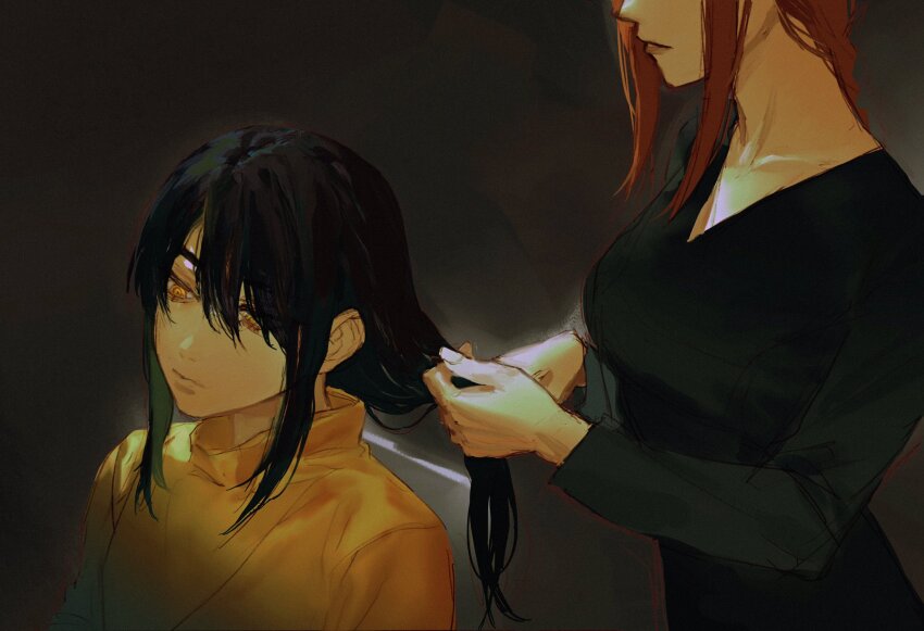 2girls artist_name black_dress black_hair braid braided_ponytail braiding_hair chainsaw_man commentary dress english_commentary hair_over_one_eye hairdressing highres keibleh looking_to_the_side makima_(chainsaw_man) medium_hair multiple_girls nayuta_(chainsaw_man) red_hair reincarnation ringed_eyes sidelocks sweater yellow_eyes yellow_sweater