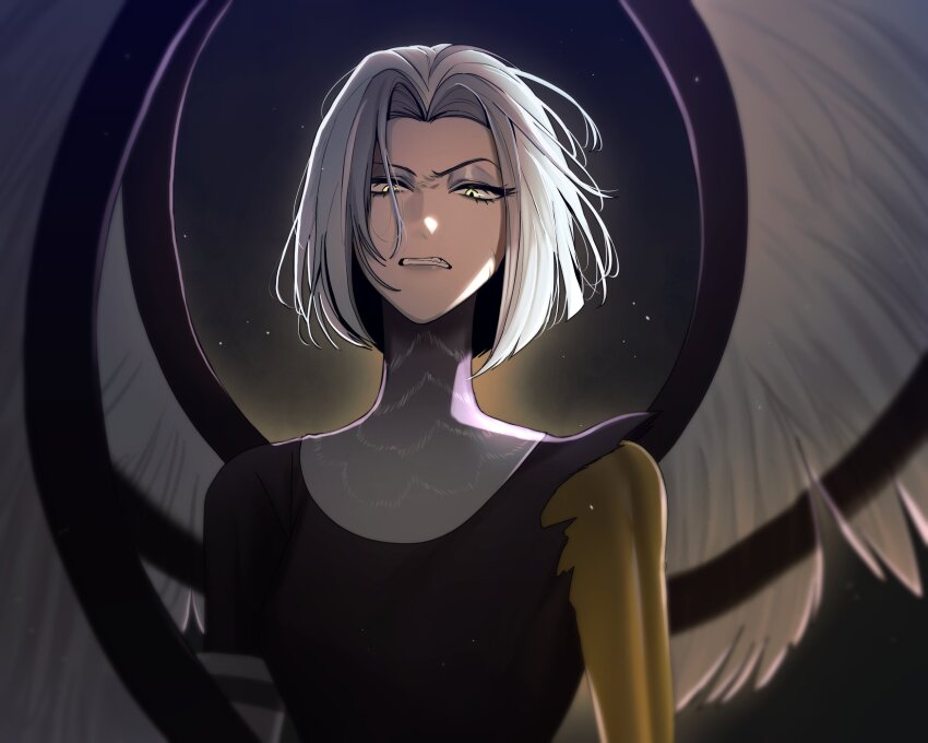 1girl angry arms_at_sides backlighting black_background black_wings bob_cut breasts clenched_teeth commentary curtained_hair english_commentary eyeshadow feathered_wings feathers from_below golden_arms grey_eyeshadow grey_hair grey_shirt half-closed_eyes hazbin_hotel hellaverse highres hntpan light_particles lute_(hazbin_hotel) makeup multicolored_hair oversized_wings shirt short_hair simple_background small_breasts solo streaked_hair teeth tsurime two-tone_hair two-tone_wings upper_body v-shaped_eyebrows white_hair white_wings wind wings yellow_eyes