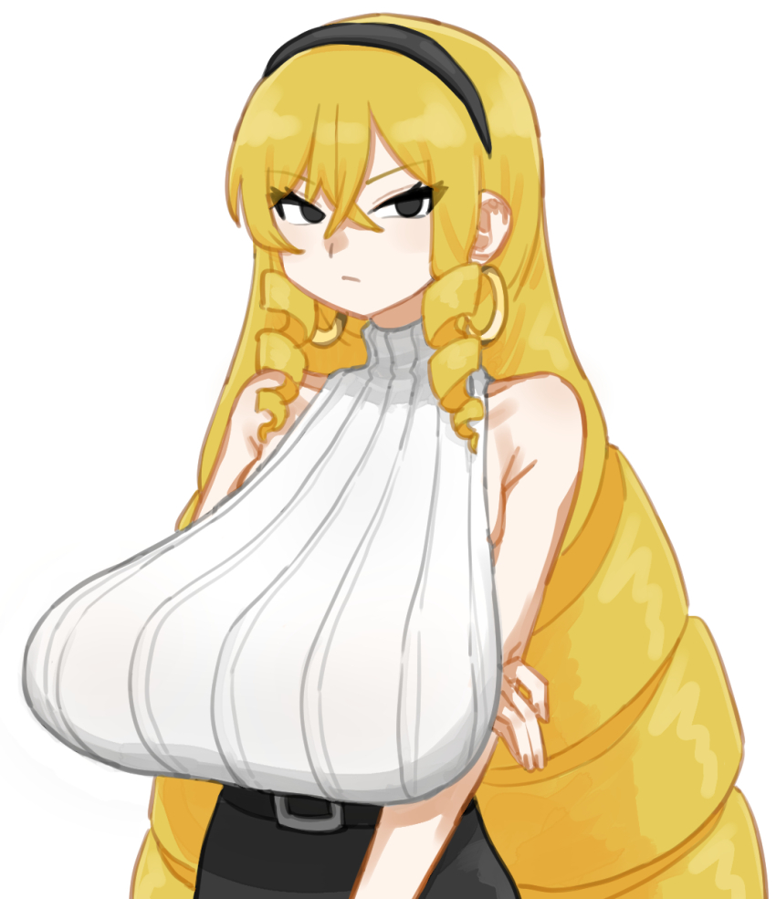 1girl black_hairband blonde_hair breasts crossed_bangs drill_hair drill_sidelocks earrings hair_between_eyes hairband highres hoop_earrings huge_breasts jewelry kaneda_maria long_hair matangom mount_celeb_kaneda-san ribbed_sweater sidelocks simple_background sleeveless sleeveless_turtleneck sweater turtleneck white_background