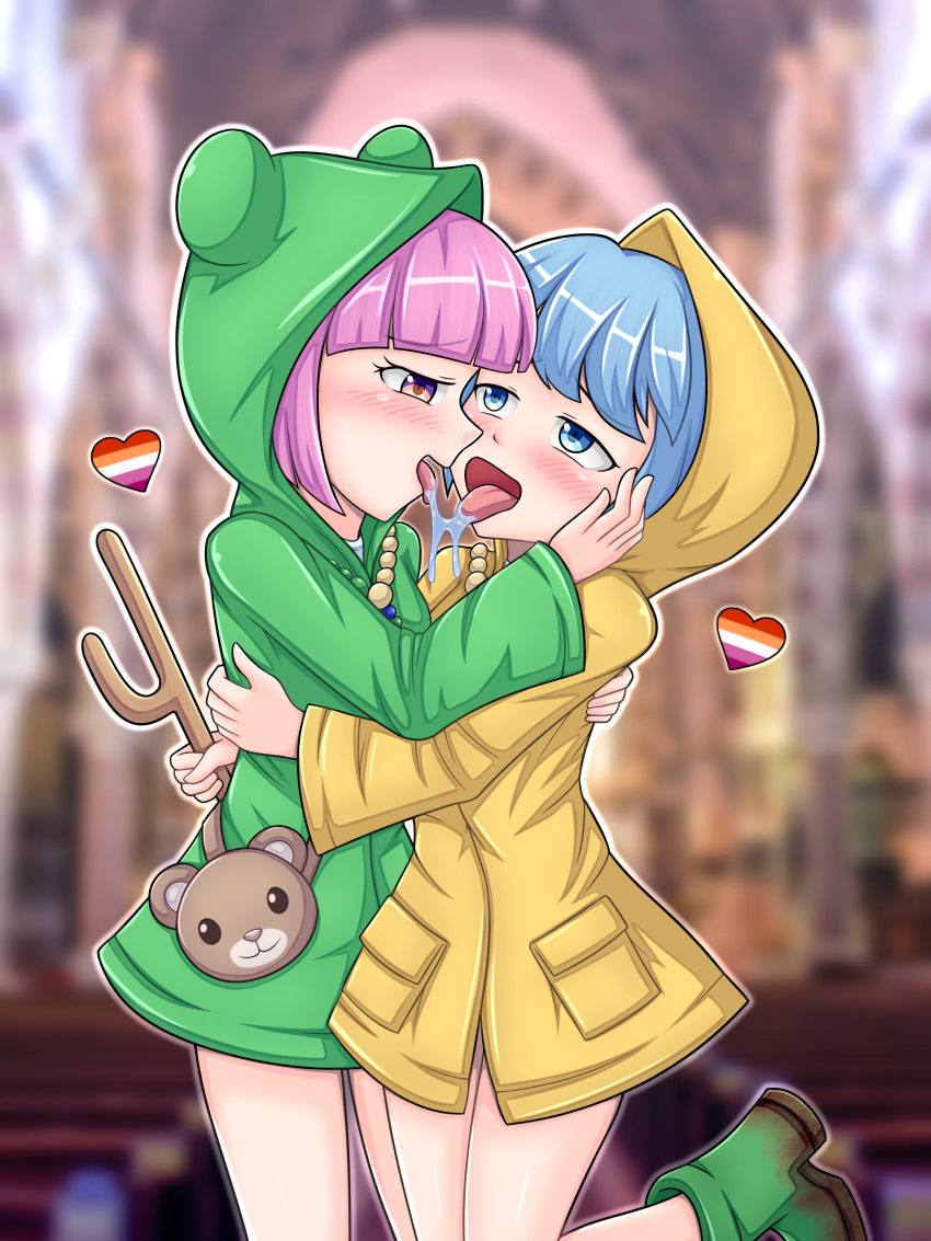 2girls absurdres artist_request bead_necklace beads blue_eyes blue_hair blush boots cane church coat eyebrows female_focus french_kiss green_coat green_footwear green_hood green_hoodie green_jacket green_raincoat heart highres hood hood_up hooded_jacket hoodie hug indoors jacket jewelry jubilee_2025 kiss lesbian_flag long_hair long_sleeves looking_at_another luce_(jubilee_2025) matching_hair/eyes multiple_girls necklace pew pink_eyes pink_hair pride_flag raincoat staff stick wooden_staff xin_(jubilee_2025) yellow_coat yellow_hood yellow_hoodie yellow_jacket yellow_raincoat