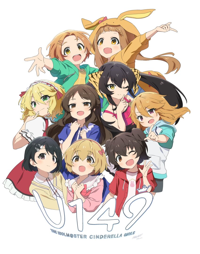 6+girls akagi_miria aqua_hoodie brown_eyes dress green_eyes highres hood hoodie ichihara_nina idolmaster idolmaster_cinderella_girls idolmaster_cinderella_girls_u149 jacket kesunr0s2 koga_koharu long_hair looking_at_viewer matoba_risa multiple_girls one_eye_closed open_mouth ryuzaki_kaoru sakurai_momoka sasaki_chie short_hair smile tachibana_arisu twintails yellow_eyes yuuki_haru
