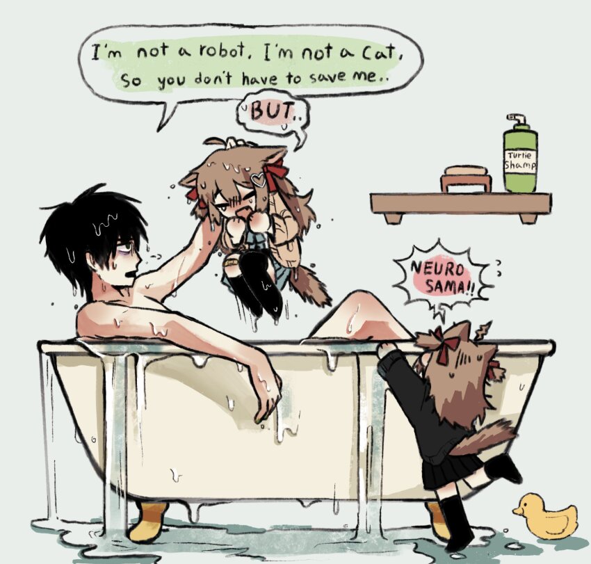 1boy 2girls ahoge asymmetrical_legwear bags_under_eyes bandaid bandaid_on_knee bandaid_on_leg bathing bathtub black_cardigan black_skirt black_socks black_thighhighs blue_neckerchief blue_skirt blush bow bowtie brown_cardigan cardigan cat_ear_helmet cat_girl cat_tail claw_foot_bathtub closed_eyes commentary completely_nude dress_shirt embarrassed english_commentary english_text evil_neuro-sama fang gloom_(expression) hair_bobbles hair_ornament hair_ribbon hands_up heart heart_hair_ornament highres in_bathtub indie_virtual_youtuber kneehighs lifting_person long_hair looking_at_another mismatched_legwear multiple_girls neckerchief neuro-sama nose_blush nude open_mouth overflowing overflowing_bath owo_uou pleated_skirt puddle red_bow red_bowtie red_ribbon ribbon rubber_duck scared shelf shirt siblings single_thighhigh sisters skirt soap soap_dispenser socks speech_bubble surprised tail tearing_up thighhighs vedal987 virtual_youtuber wet wet_clothes wet_hair white_background white_shirt