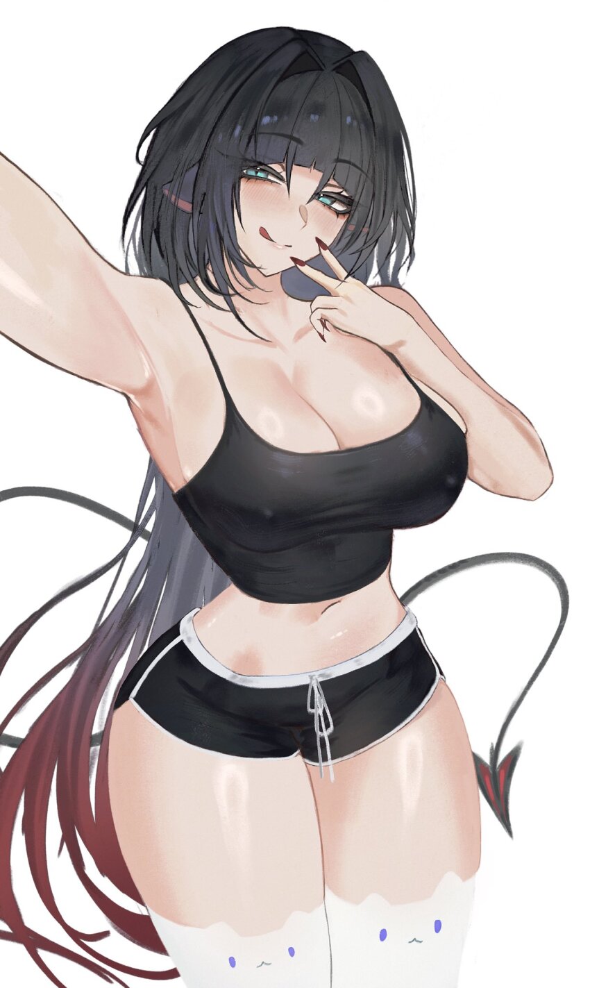 1girl :p alternate_costume animal_ear_legwear animal_ears arm_up armpits black_hair black_shorts black_tank_top blue_eyes breasts cat_ear_legwear cleavage closed_mouth covered_erect_nipples cowboy_shot gradient_hair highres jane_doe_(zenless_zone_zero) large_breasts licking_lips long_hair midriff mouse_ears mouse_girl multicolored_hair no_bra red_hair red_nails s7nsles selfie short_shorts shorts simple_background smile solo tank_top thick_thighs thighhighs thighs tongue tongue_out white_background white_thighhighs wide_hips zenless_zone_zero