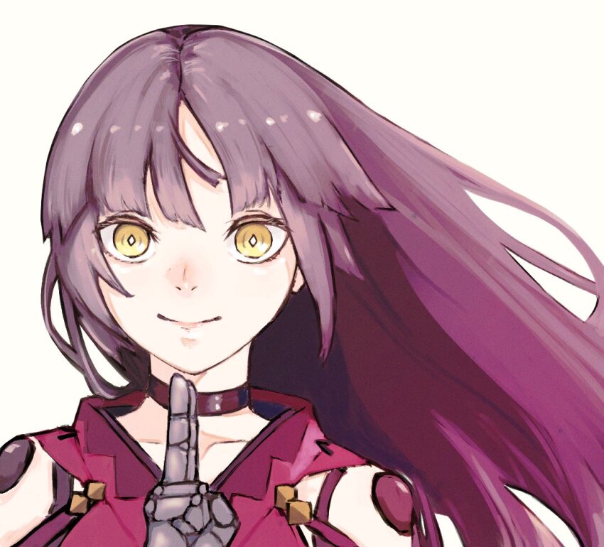 1girl choker clothing_cutout collarbone fate/grand_order fate_(series) floating_hair katou_danzou_(fate) light_smile long_hair looking_at_viewer mechanical_arms ninja parted_bangs portrait shoulder_cutout simple_background solo tsubu_(kappunioyu562) white_background yellow_eyes