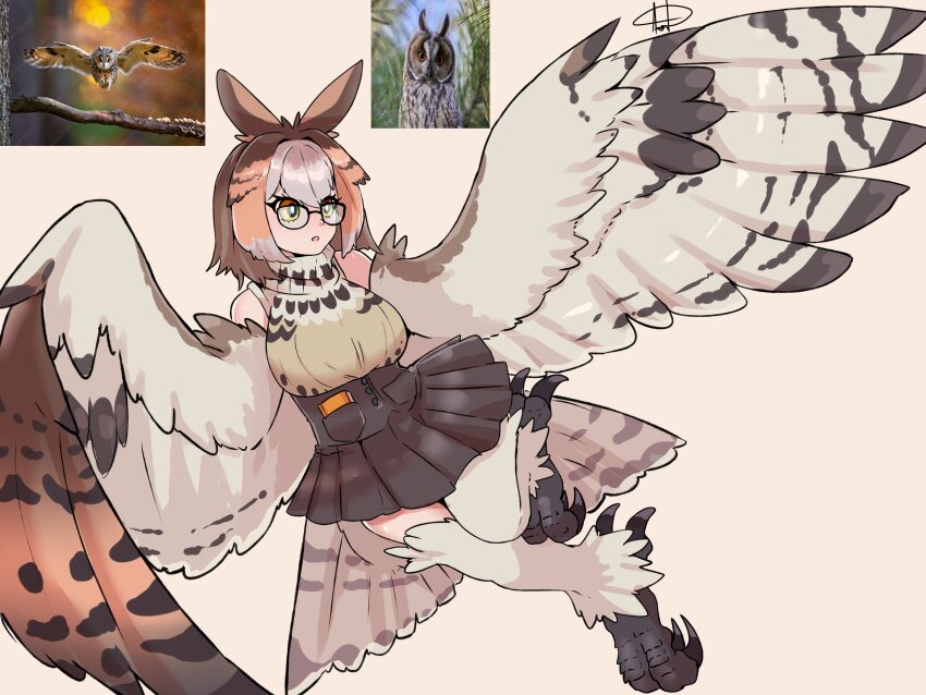 1girl a.c._hunter absurdres bird_legs bird_tail black-framed_eyewear black_skirt book bright_pupils brown_feathers brown_hair brown_wings commentary english_commentary feathered_wings feathers glasses harpy high-waist_skirt highres monster_girl multicolored_hair open_mouth orange_eyes original owl_girl personification reference_inset short_hair skirt sleeveless sleeveless_turtleneck solo tail talons turtleneck white_pupils winged_arms wings