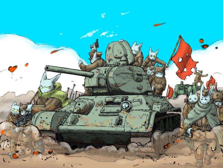 6+girls blue_sky cannon cloud gun handgun highres holding holding_gun holding_weapon kv-1 machine_gun military_vehicle motor_vehicle multiple_girls on_tank original revolver rifle sky t-34 tank vehicle_focus weapon yabarn