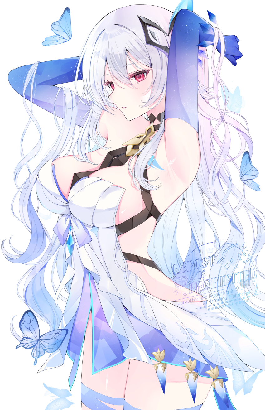 1girl absurdres armpits arms_up blue_butterfly breasts bug butterfly chest_harness commentary cowboy_shot dress elbow_gloves genshin_impact gloves gradient_hair hair_ornament harness highres insect large_breasts long_hair looking_ahead multicolored_hair parted_lips purple_gloves red_eyes simple_background skirk_(genshin_impact) solo tsuyuri_eri white_background white_dress white_hair