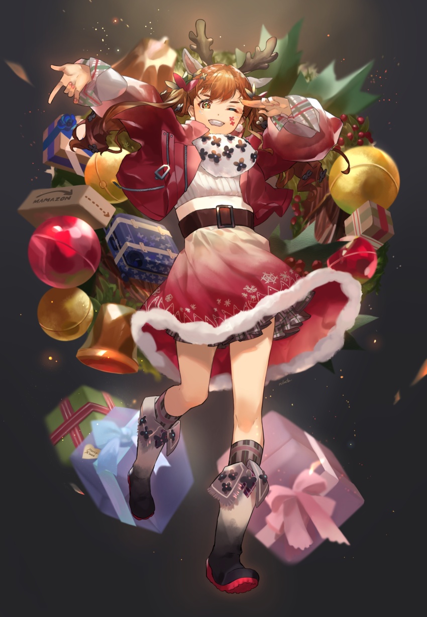 1girl \n/ absurdres amazon_(company) animal_ears antlers bell belt black_belt black_skirt boots brown_eyes brown_hair christmas christmas_ornaments coat commentary deer_ears earrings english_text facial_mark fake_animal_ears fur-trimmed_skirt fur_scarf fur_trim gift grey_boots grey_socks grin hair_ribbon high-waist_skirt highres horns jacket jewelry kneehighs logo_parody long_hair long_sleeves looking_at_viewer merry_christmas miniskirt n-bata one_eye_closed open_clothes open_coat original plaid_clothes plaid_legwear plaid_skirt pleated_skirt red_jacket red_skirt reindeer_antlers ribbed_sweater ribbon salute scarf skirt skirt_under_skirt smile socks solo standing standing_on_one_leg sweater twintails two-finger_salute white_scarf white_sweater wreath