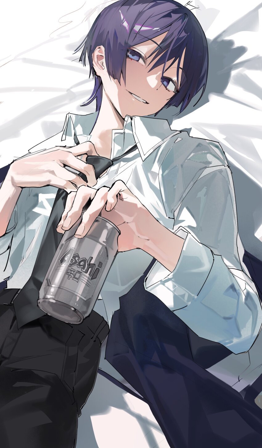 1boy absurdres alcohol alternate_costume asahi_breweries beer beer_can black_necktie black_pants blue_eyes can collared_shirt drink_can genshin_impact grin hair_between_eyes highres holding holding_can long_sleeves looking_at_viewer loose_necktie lying male_focus necktie ohaek12 on_back pants purple_hair scaramouche_(genshin_impact) shirt smile solo white_shirt