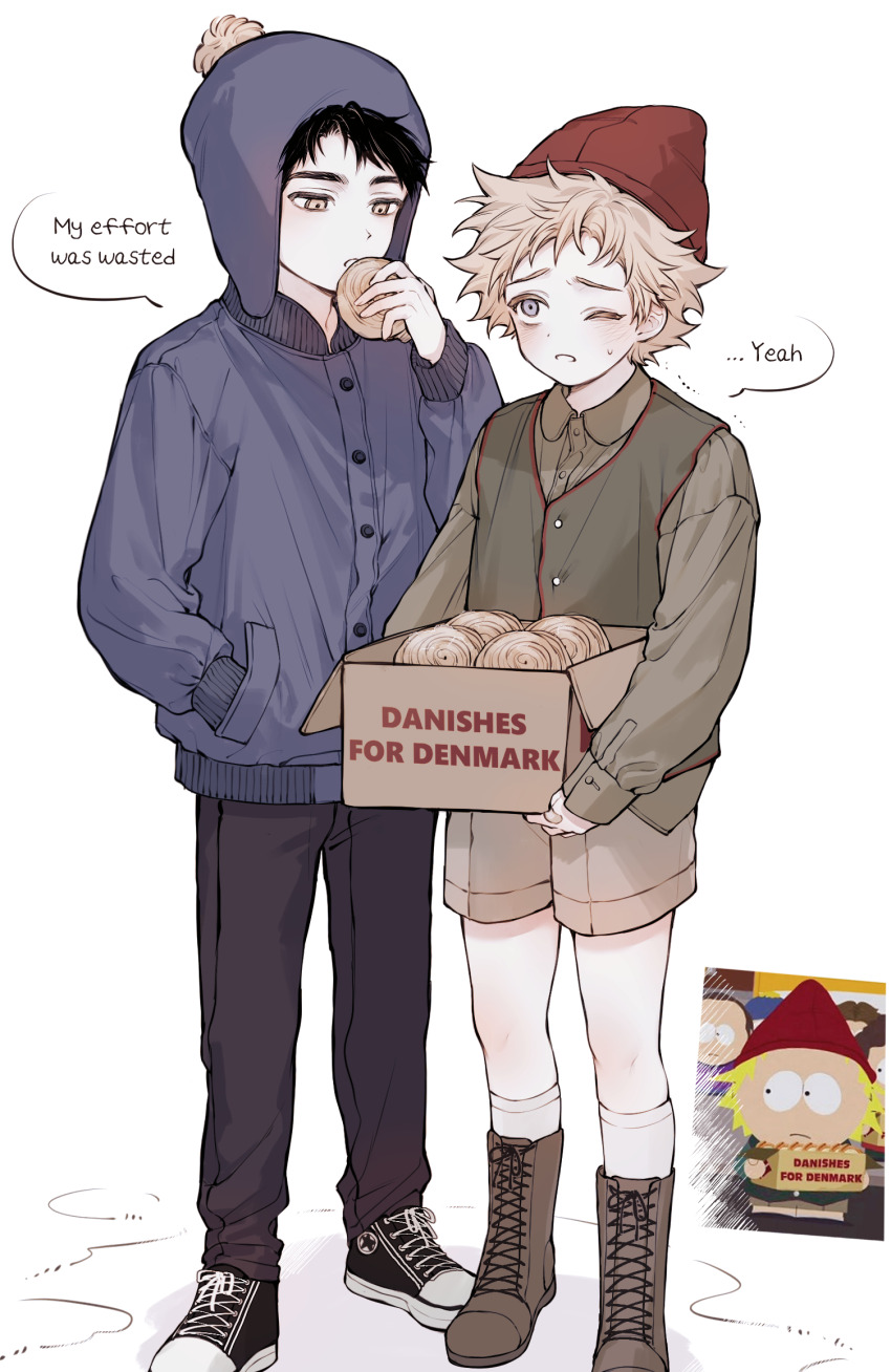 0o0_w_o0 2boys black_hair blonde_hair blush boots box cardboard_box chullo collared_shirt commentary craig_tucker english_text food grey_eyes hand_in_pocket hat highres holding holding_box holding_food jacket long_sleeves male_focus multiple_boys official_art_inset one_eye_closed pants pastry photo_inset shirt shoes shorts sneakers socks south_park sweat tweek_tweak vest yellow_eyes