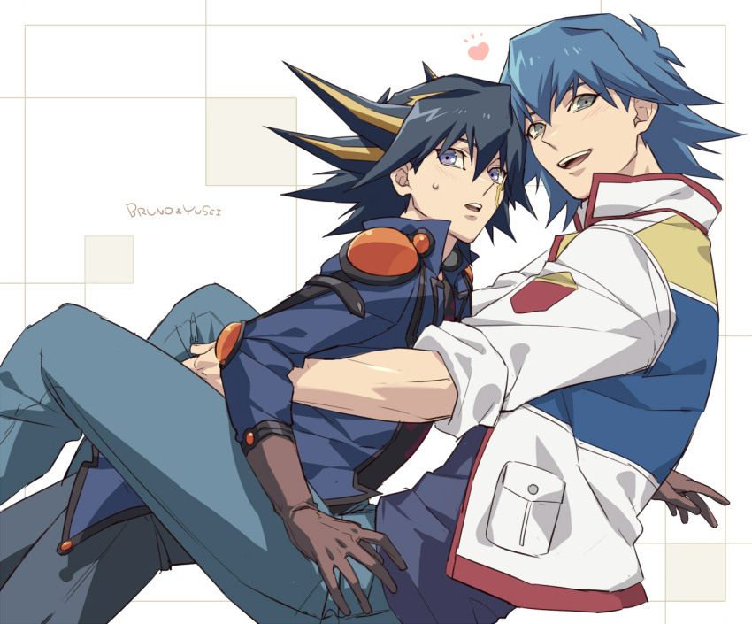 2boys black_gloves black_hair black_shirt blonde_hair blue_eyes blue_hair blue_jacket blue_pants blush bruno_(yu-gi-oh!) collared_jacket commentary_request denim facial_mark feet_out_of_frame fudo_yusei gloves grey_eyes hair_between_eyes heart hover_hand hug jacket jeans male_focus multicolored_hair multicolored_jacket multiple_boys nervous_sweating open_mouth pants popped_collar shirt sleeves_rolled_up smile spiked_hair streaked_hair sweat talgi teeth tongue upper_teeth_only yaoi yu-gi-oh! yu-gi-oh!_5d&#039;s