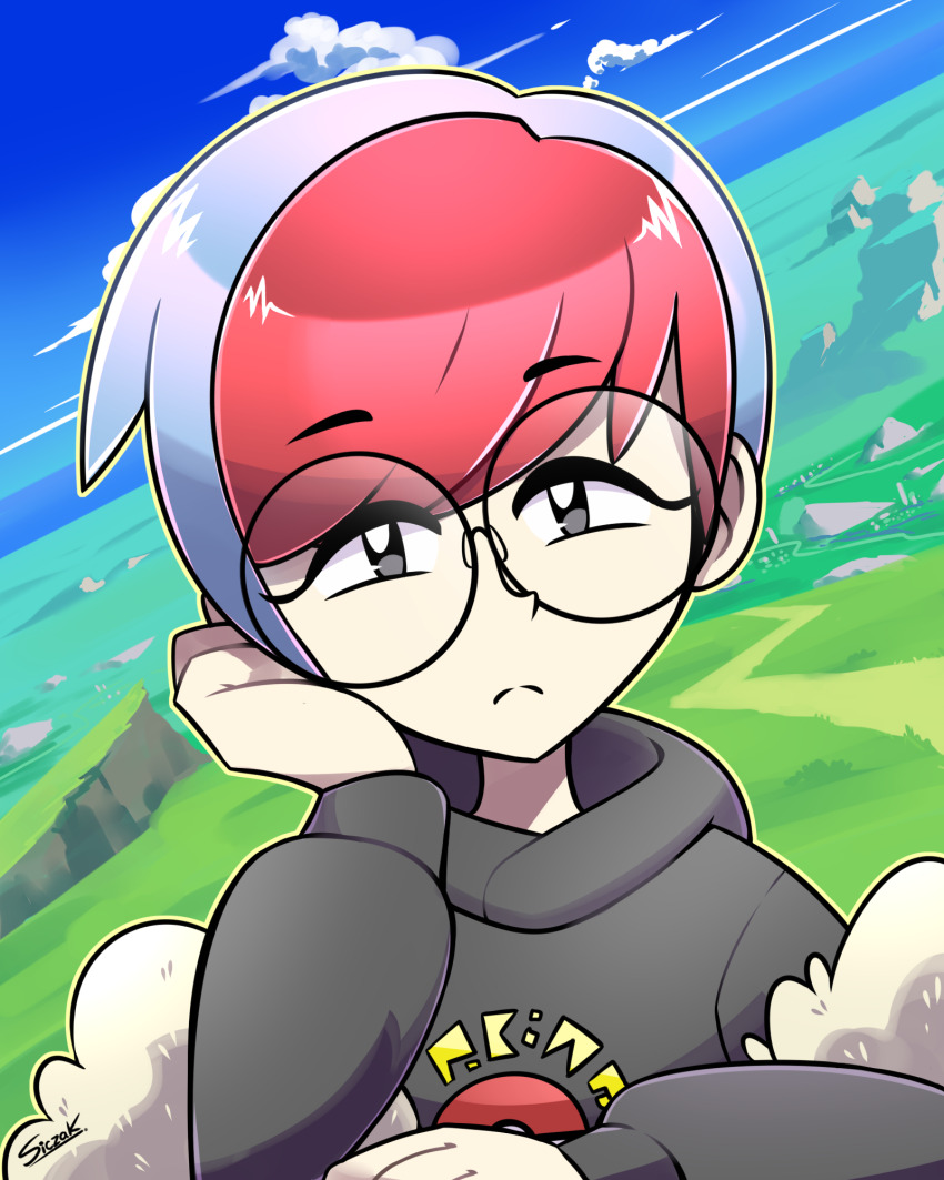 1girl blue_hair blue_sky closed_mouth commentary day english_commentary eyelashes glasses grass grey_hoodie head_rest highres hood hood_down hoodie looking_at_viewer multicolored_hair nintendo outdoors outline penny_(pokemon) pokemon pokemon_sv portrait red_hair round_eyewear short_hair short_sleeves siczak signature sky solo two-tone_hair very_short_hair