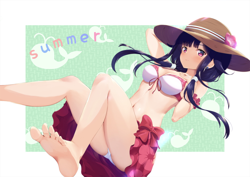 1girl bare_arms bare_legs bare_shoulders barefoot bikini blush breasts cleavage closed_mouth ear_piercing hair_ornament hairclip hat kantai_collection long_hair low_twintails medium_breasts ochikata_kage piercing pink_sarong purple_hair red_eyes ryuuhou_(kancolle) ryuuhou_kai_ni_(kancolle) sarong solo sun_hat swimsuit taigei_(kancolle) taigei_(swimsuit)_(kancolle) twintails