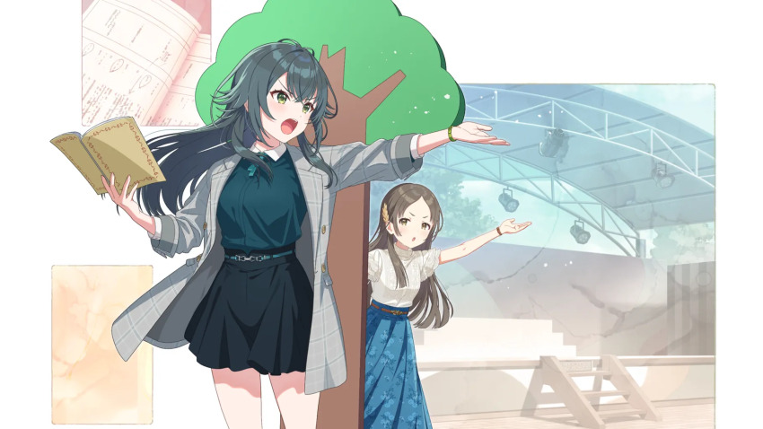 2girls belt book bracelet brown_eyes brown_hair buttons coat floral_print gakuen_idolmaster game_cg green_eyes green_hair green_shirt highres holding idolmaster jewelry kuramoto_china long_skirt multiple_girls official_art open_book open_mouth shirt skirt stage_lights stairs tree tsukimura_temari