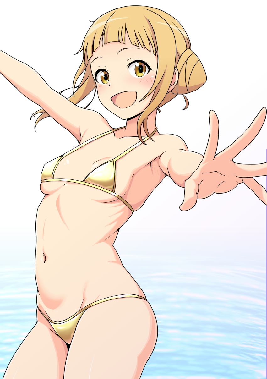 1girl :d absurdres alice_gear_aegis arched_bangs armpits bikini blonde_hair breasts cone_hair_bun foreshortening gold_bikini guchiaki hair_bun highres looking_at_viewer medium_hair micro_bikini navel open_mouth outstretched_arms satin_bikini short_hair sidelocks small_breasts smile solo stomach string_bikini swimsuit takahata_nodoka underboob water yellow_bikini yellow_eyes