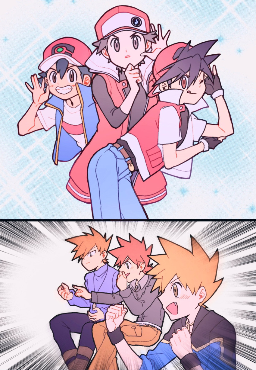 6+boys ash_ketchum blue_eyes blue_oak blue_oak_(sygna_suit) brown_eyes ca_pkmn gaijin_4koma_(meme) gary_oak highres male_focus meme multiple_boys multiple_persona nintendo orange_hair pokemon pokemon_(anime) pokemon_adventures pokemon_journeys pokemon_masters_ex red_(pokemon) red_(sygna_suit)_(pokemon) red_eyes
