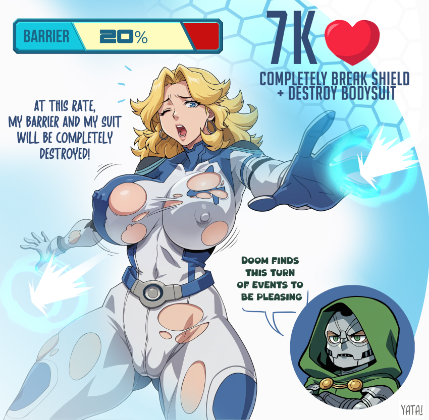 1boy 1girl 2025 animification arm_armor armor artist_name belt blonde_hair blue_bodysuit blue_eyes bodysuit cameltoe chibi chibi_inset commentary covered_erect_nipples cowboy_shot curly_hair curvy doctor_doom english_commentary english_text fantastic_four foreshortening gameplay_mechanics gluteal_fold green_eyes green_hood highres hood hood_up jiggle legs_apart lips logo marvel marvel_rivals mask mature_female one_eye_closed outstretched_arms parted_bangs signature skin_tight spread_fingers sue_storm thick_thighs thighs torn_clothes two-tone_bodysuit white_bodysuit wide_hips yatagarasupen
