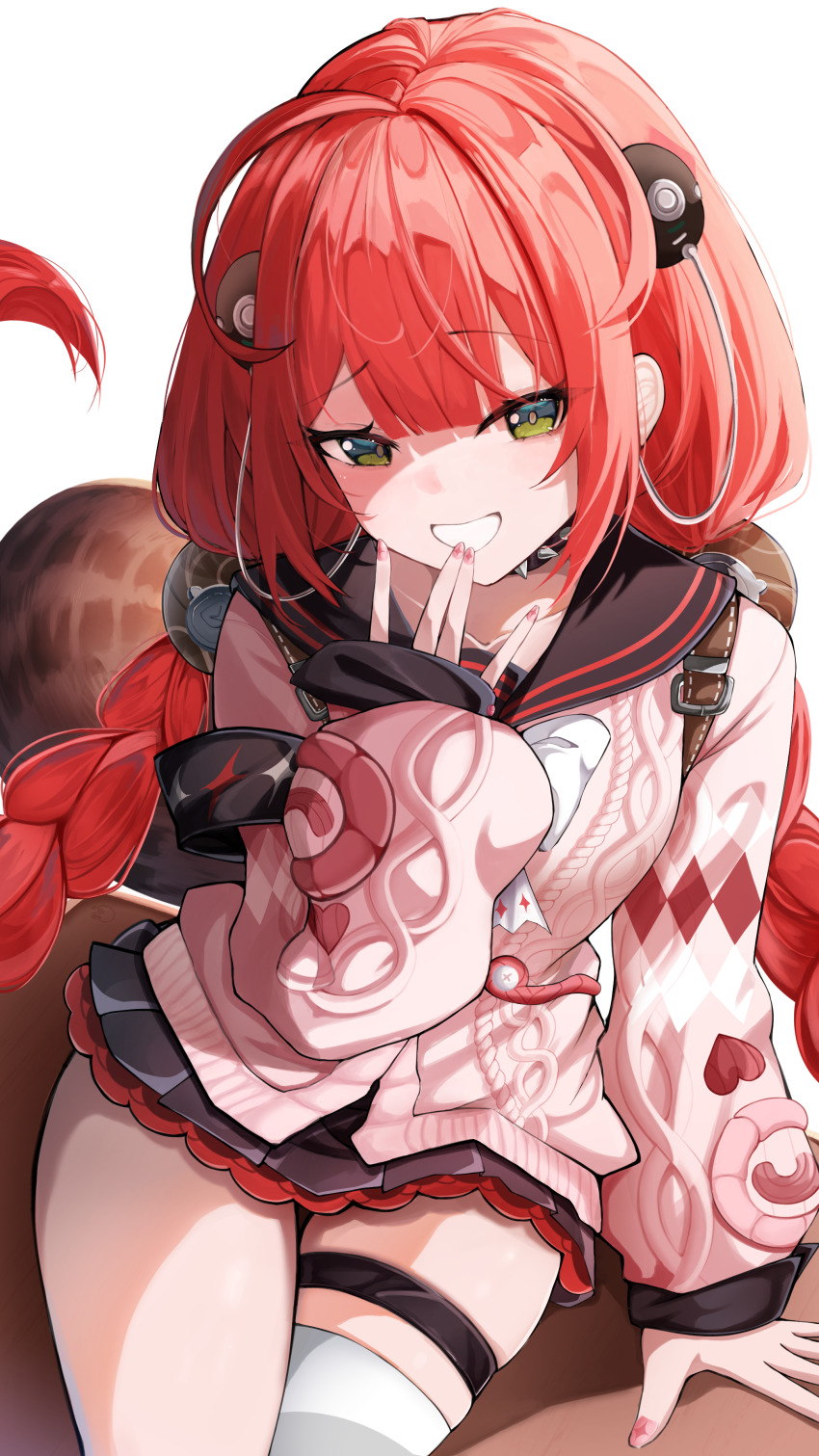 1girl absurdres ahoge black_choker black_skirt braid choker closed_mouth green_eyes highres long_hair looking_at_viewer low_twin_braids nail_polish papaya_b0i pink_nails pink_sweater red_hair skirt smile solo spiked_choker spikes sweater thigh_strap thighhighs twin_braids ukinami_yuzuha very_long_hair white_thighhighs zenless_zone_zero zettai_ryouiki