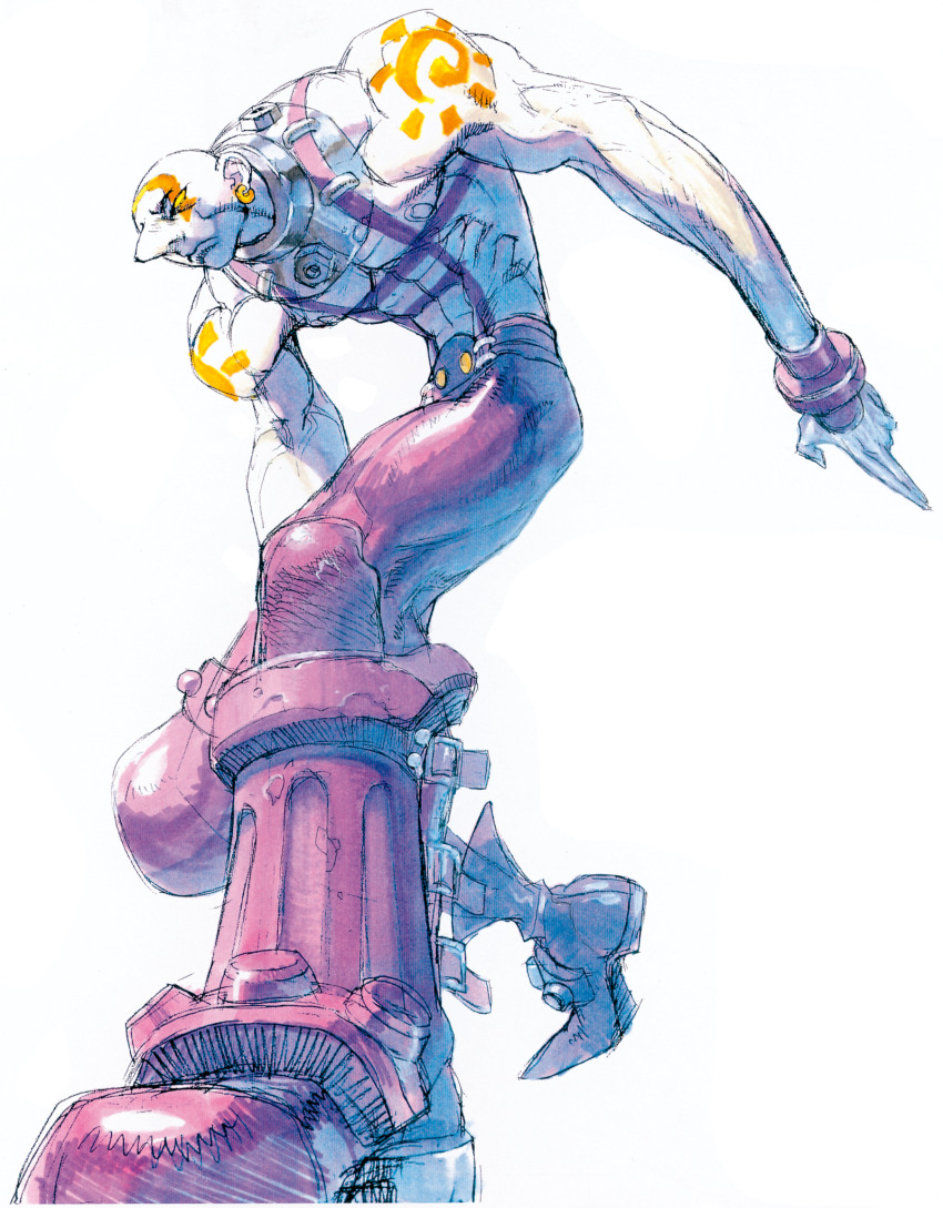 1boy bald colored_skin earrings facepaint facial_tattoo from_below game_cg highres jewelry long_nose male_focus necro_(street_fighter) nishimura_kinu no_pupils non-web_source official_art solo street_fighter street_fighter_iii_(series) tattoo white_skin yellow_eyes