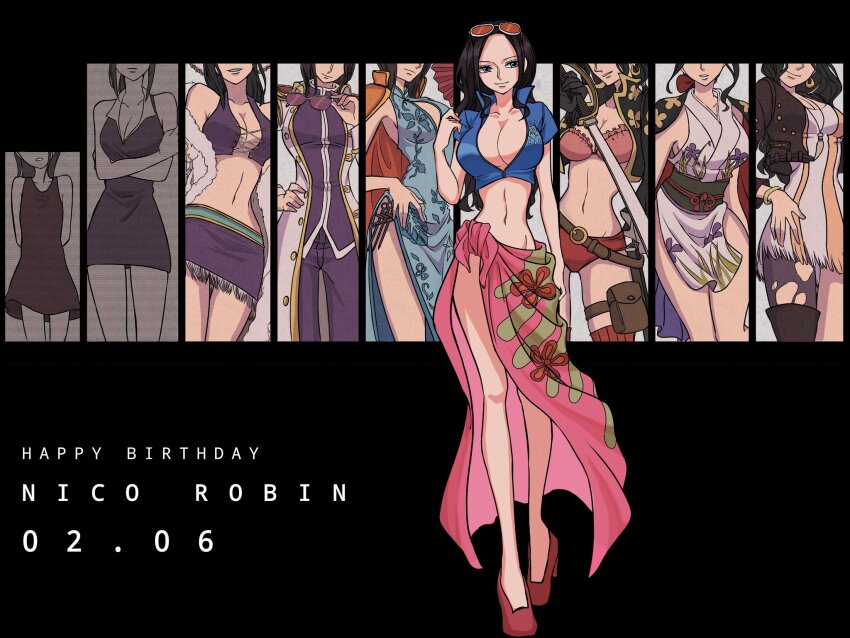 02mikan 1girl age_progression belt black_hair black_sash blue_jacket bra breasts child china_dress chinese_clothes cleavage coat commentary_request cowboy_shot cropped_jacket crossed_arms dress eyewear_on_head flat_chest floral_print full_body hand_fan hand_on_own_hip haori happy_birthday head_out_of_frame high_heels highres jacket japanese_clothes kimono large_breasts legs_apart long_hair looking_at_viewer looking_to_the_side multiple_views nico_robin nico_robin_(alabasta) nico_robin_(g-8) nico_robin_(post-timeskip) nico_robin_(return_to_sabaody) nico_robin_(teen) nico_robin_(wano) nose obi official_alternate_costume one_piece one_piece_film:_red one_piece_film:_z pants pink_bra pink_dress pink_sarong pouch purple_jacket purple_pants red_footwear sarong sash short_dress short_kimono sidelocks sleeveless sleeveless_kimono smile standing thigh_pouch thighhighs torn_clothes torn_thighhighs underwear upper_body white_coat