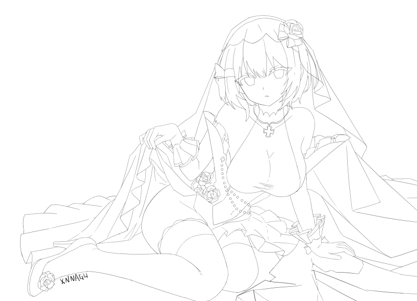 1girl absurdres arm_support azur_lane bare_shoulders breasts covered_navel cross dress expressionless flower full_body groin hair_between_eyes hair_flower hair_ornament hand_up high_heels highres iron_cross jewelry large_breasts lineart looking_at_viewer medium_hair necklace parted_lips rose see-through_clothes see-through_midriff sideboob sitting skirt_hold sleeveless sleeveless_dress solo thighhighs thighs veil wedding_dress xnnagu z23_(azur_lane) z23_(schwarze_hochzeit)_(azur_lane)