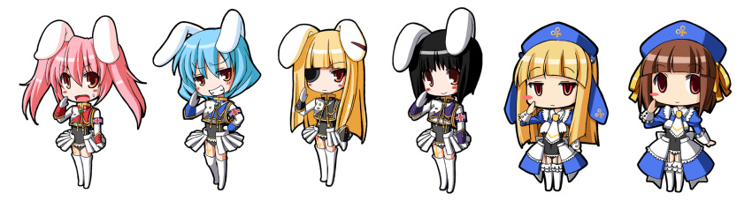 6+girls :d animal_ears black_hair blonde_hair blue_hair blue_headwear blush_stickers boots brown_hair chibi chiester00 chiester410 chiester45 chiester556 chiester_sisters closed_mouth cornelia_(umineko) expressionless eyepatch fangs garter_straps gertrude_(umineko) gloves hat highres multiple_girls open_mouth orange_eyes pink_hair rabbit_ears salute smile sweat tako_(all_delete) thigh_boots thighhighs twintails umineko_no_naku_koro_ni white_boots