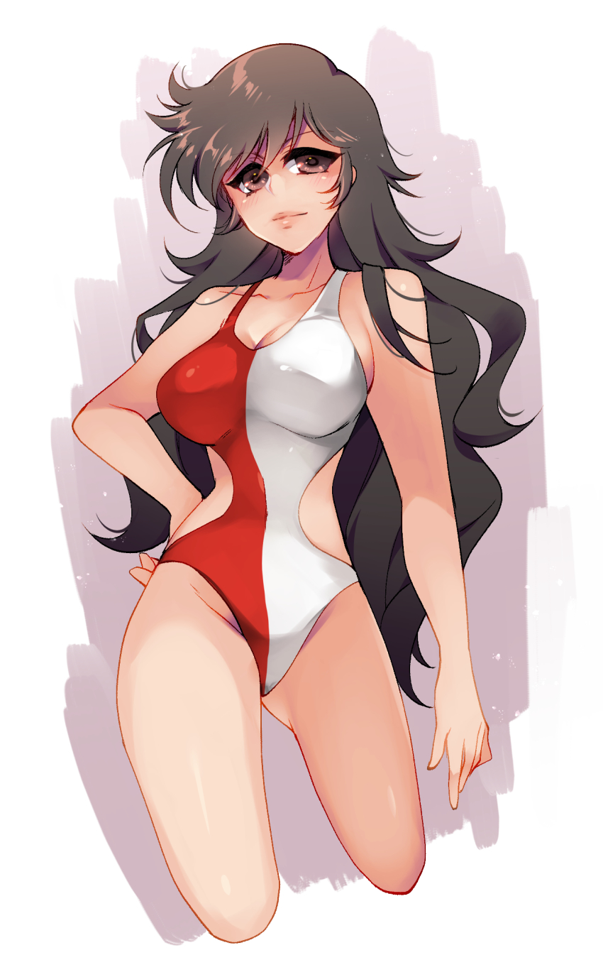 1girl breasts brown_eyes brown_hair cleavage eyebrows_hidden_by_hair great_mazinger hand_on_own_hip highres hip_vent honoo_jun long_hair mazinger_(series) medium_breasts one-piece_swimsuit red_one-piece_swimsuit shapiro solo swimsuit two-tone_swimsuit very_long_hair white_one-piece_swimsuit