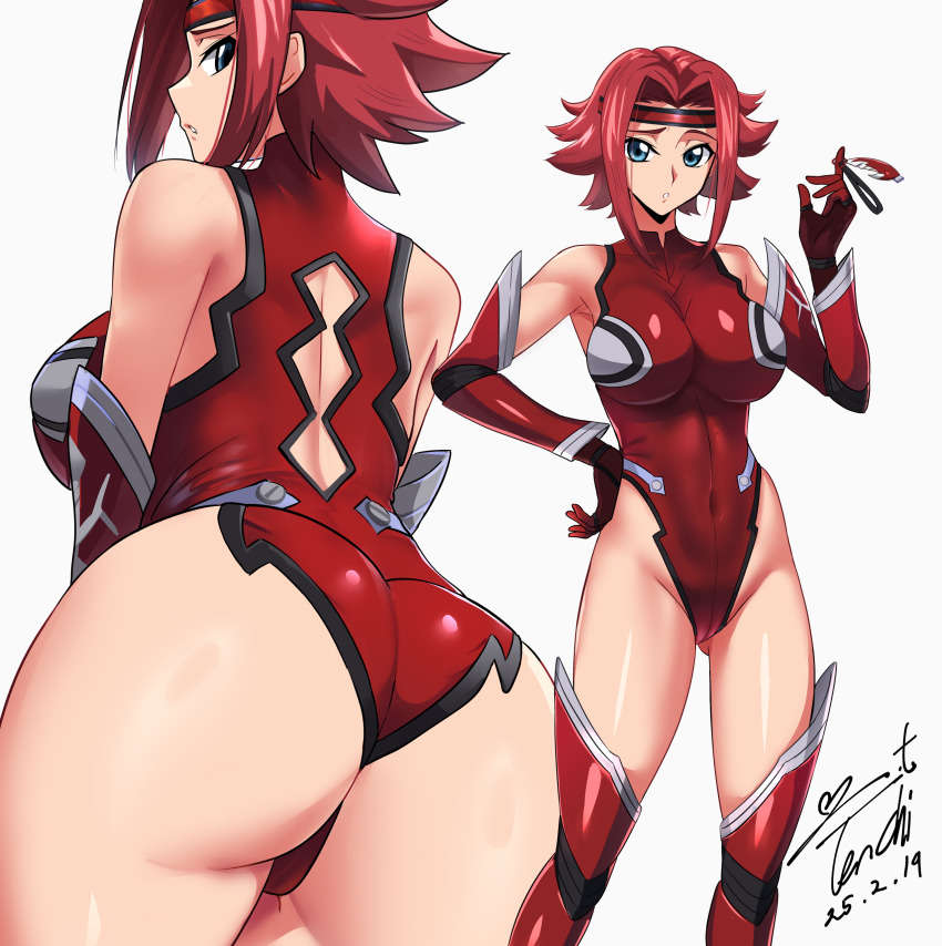 1girl :o absurdres ass bare_shoulders blue_eyes boots breasts code_geass commentary_request commission covered_navel dated elbow_gloves feet_out_of_frame gloves hair_intakes hand_on_own_hip headband heattech_leotard highleg highleg_leotard highres index_finger_raised kouzuki_kallen large_breasts leotard looking_at_viewer looking_back multiple_views parted_lips pixiv_commission red_boots red_gloves red_hair red_headband red_leotard sidelocks signature simple_background standing thigh_boots turtleneck white_background yoo_tenchi