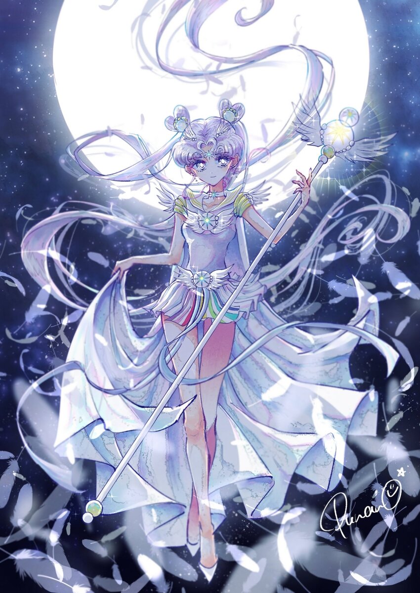 1girl bishoujo_senshi_sailor_moon bishoujo_senshi_sailor_moon_stars breasts brooch double_bun falling_feathers feathers full_body full_moon hair_bun hair_ornament high-low_skirt high_heels highres holding holding_staff jewelry long_hair looking_at_viewer medium_breasts moon multicolored_skirt parted_bangs punano sailor_cosmos sailor_senshi_uniform short_sleeves signature skirt solo staff twintails very_long_hair white_footwear white_hair winged_hair_ornament